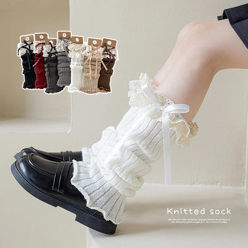 1 pair Y2K Lace Ribbon Leg Warmers Women Autumn Winter Ballet Style Lolita Knee Warmers JK Knitted Long Stockings Quake
