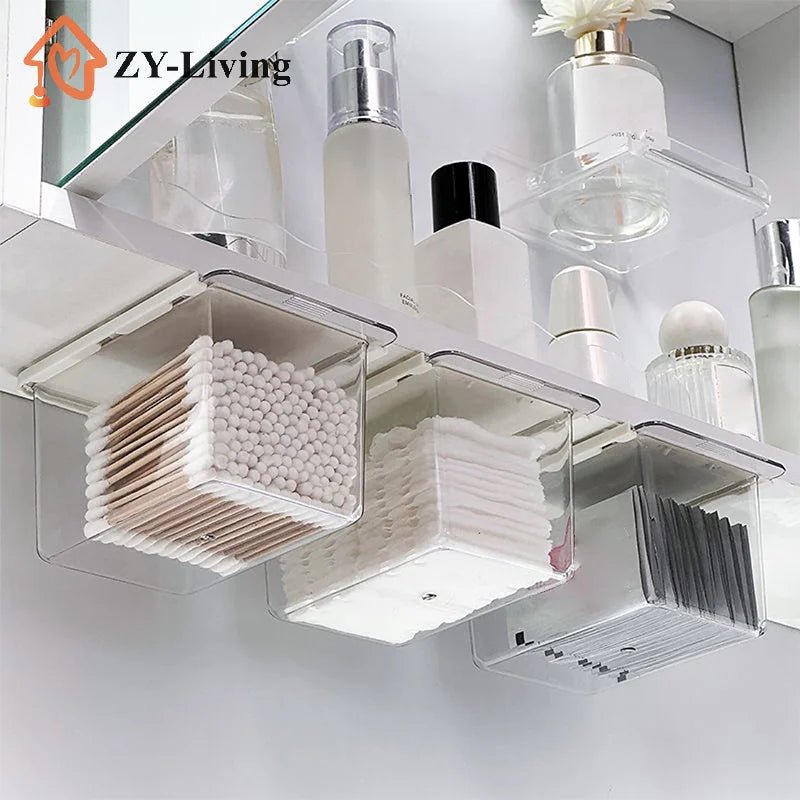 1Pcs Drawer Style Storage Box Under The Mirror Cabinet Transparent Bathroom Cotton Stick Makeup Cotton Pull-Out Storage Case Quake