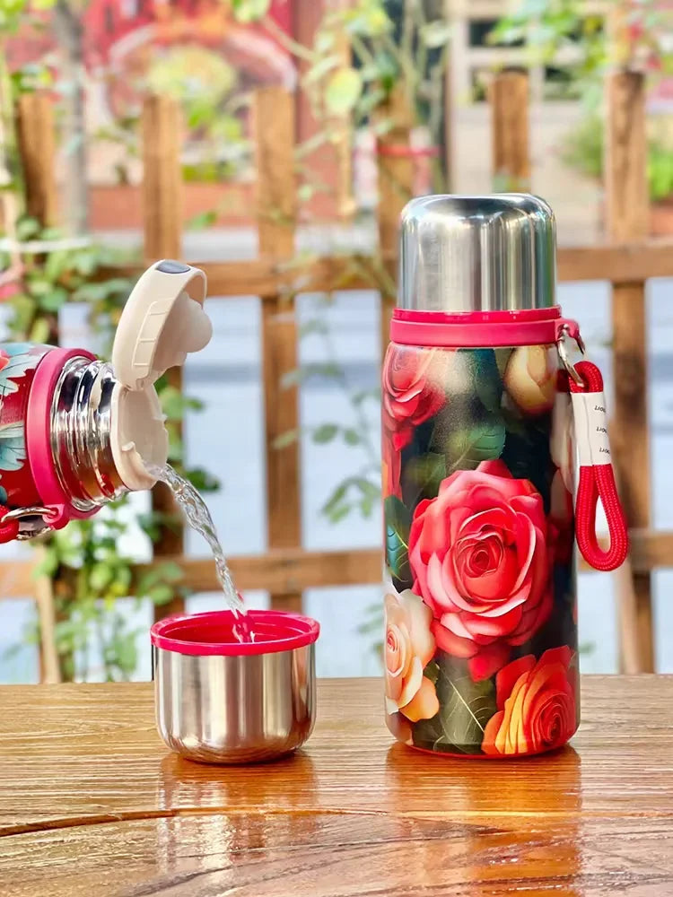 Retro and Bustling High-value Insulated Cup with Creative Rose Pattern Double-layer Water Cup Car Portable Drawstring Stew Cup Quake