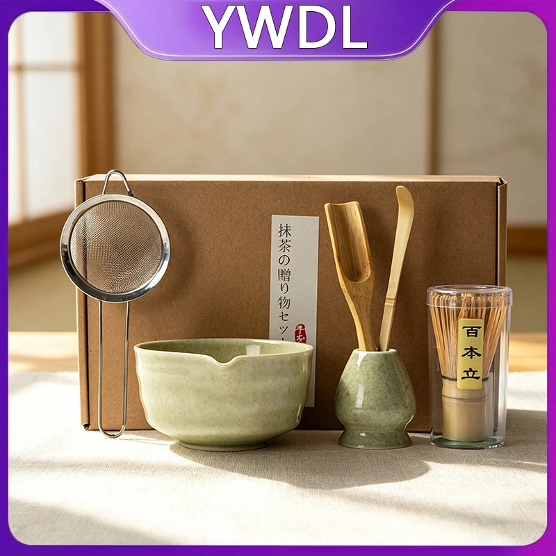 YWDL 6pcs Japanese Matcha Tea Set Ceramic Bowl with Spout 100 Prongs Bamboo Whisk Chasen Holder Sifter Sage Green Gift Box Quake