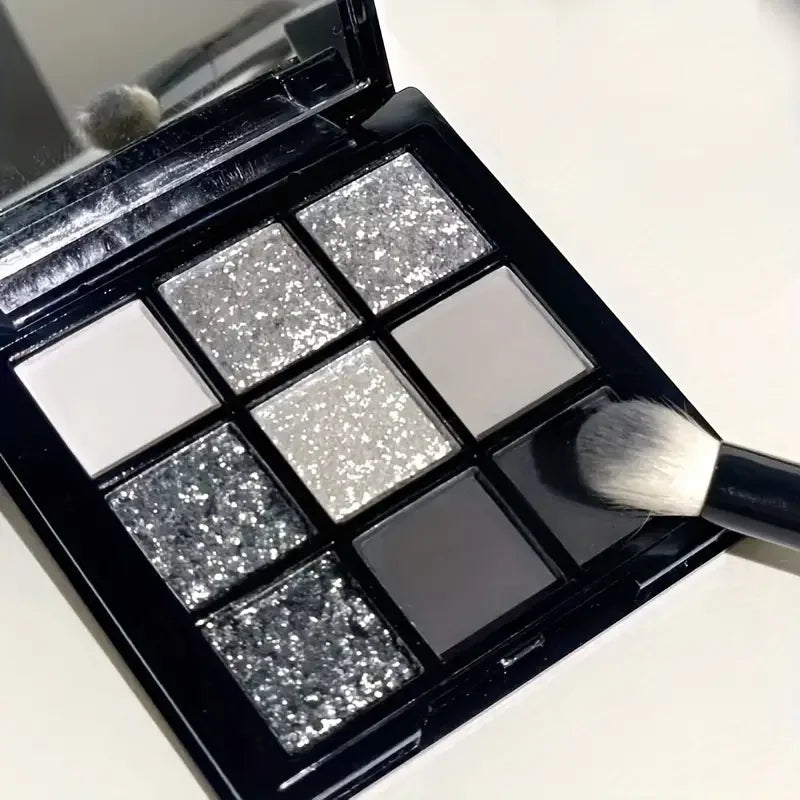 Black Swan 9-Color Eyeshadow Palette Mesmerizing Glitter Glam,Dramatic Smoky Punk Effects,Hues in Light Gray&Dark Silver Makeup Quake