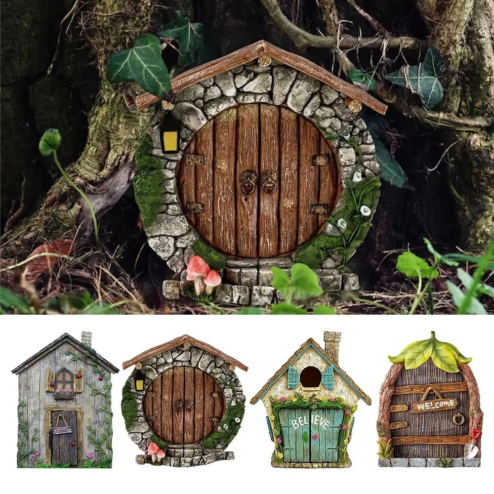 Miniature Fairy Door Figurines Statues for Outdoor Yard Art Garden Tree Decor Accessories With Engraved Design Fairy Garden Door Quake