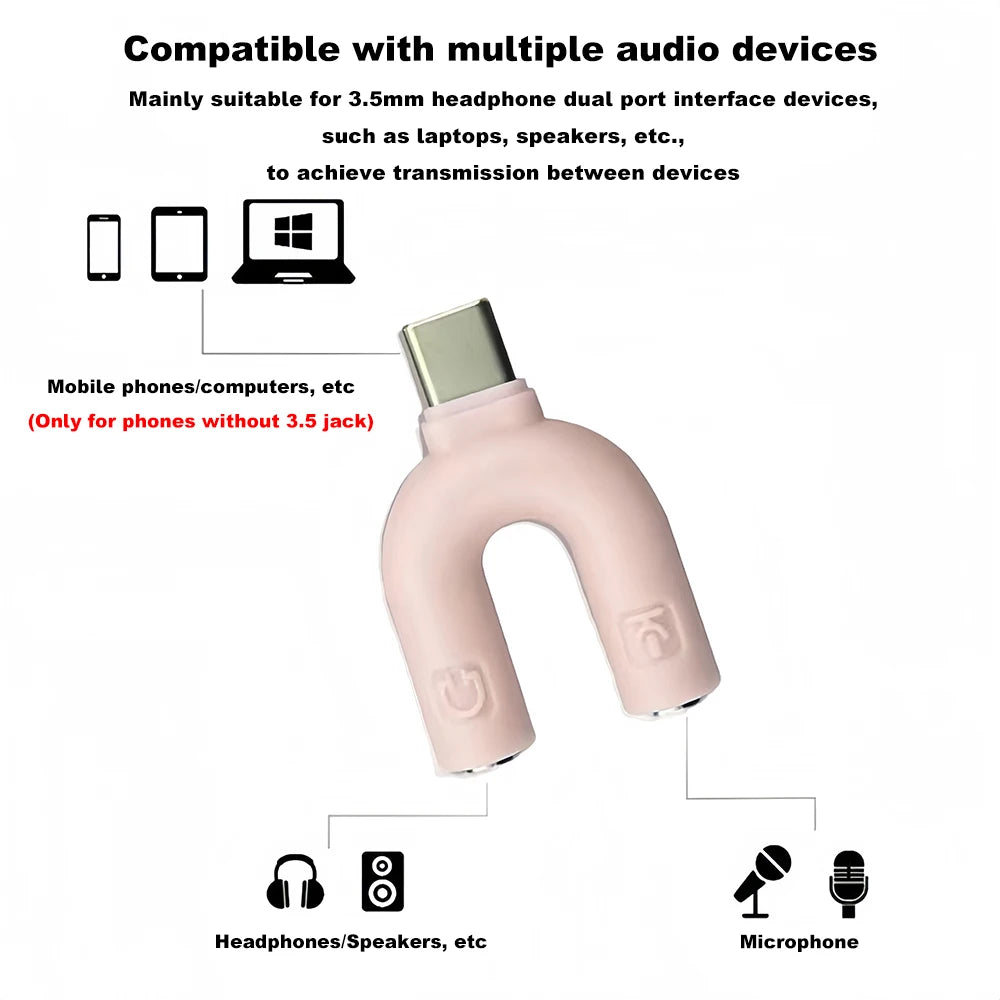 Type-c Headphone Mic Splitter Adapter U-shaped Type-c 1 To 2 Audio Splitter Adapter for Mobile Phone,Computer,Laptop,Speaker Quake