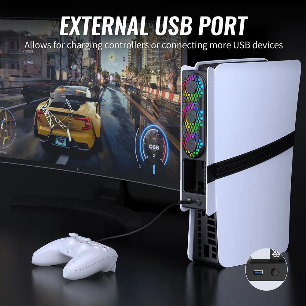For PS5 Pro/PS5 Slim Cooling Fan External Fan Cooler with USB Port & RGB Light for Playstation 5 Pro/Slim Disc & Digital Edition Quake