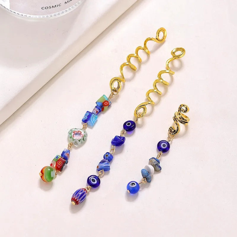 1/3pcs Blue Stone Pendant Hair Rings Dreadlock Styling Accessories Cuff Clip Hair Braid Dirty Spiral Braid Beads Hairpin Jewelry Quake set