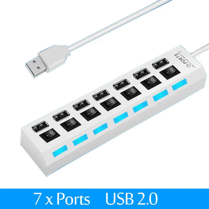 USB 2.0 Hub Multi USB Splitter Hub Use Power Adapter 4/7 Port Multiple Expander USB Hub with Switch 30CM Cable Quake 7 Port White