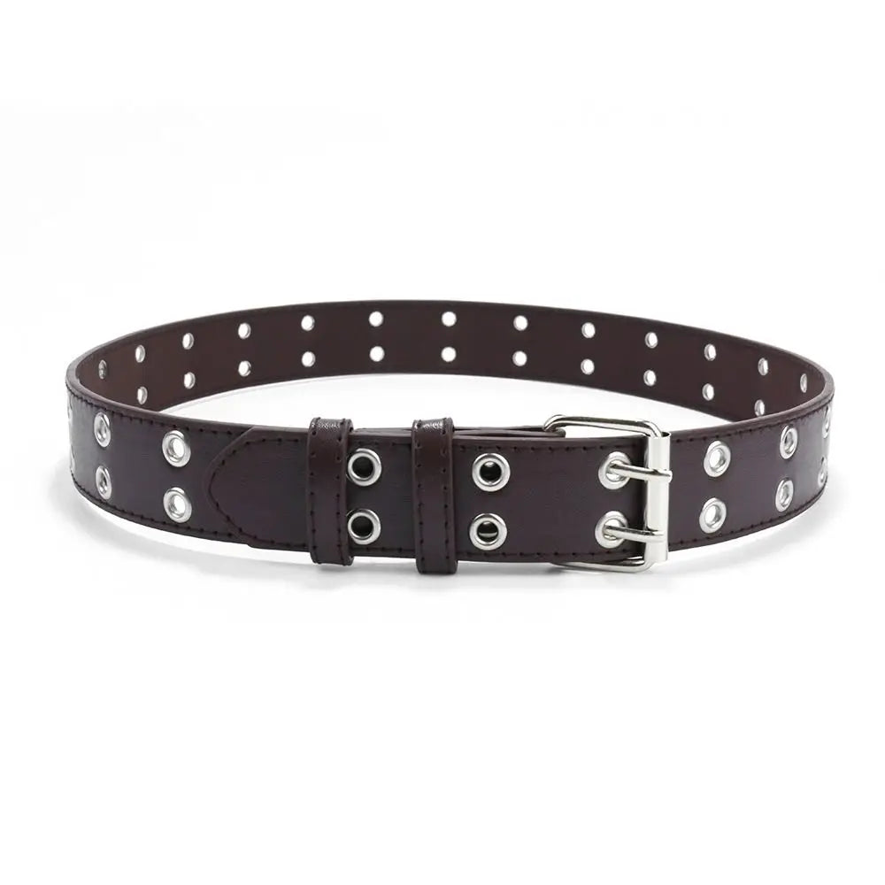 Fashion Punk Waistband PU Leather Double Holes Waist Strap Metal Pin Buckle Solid Color Decoration Belt Children Quake coffee