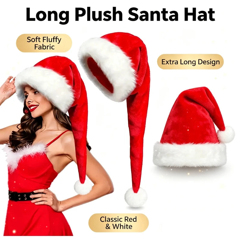 1PC Soft Short Plush Extra Long Christmas Hat Long Fluffy Santa Hat Festive Head Accessory for Christmas Decoration Gifts Quake