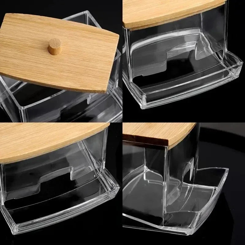 Organize Box Double Head Cotton Swab Storage Box Cotton Container Transparent Square Bamboo Cover Cotton Swab Toothpick Quake