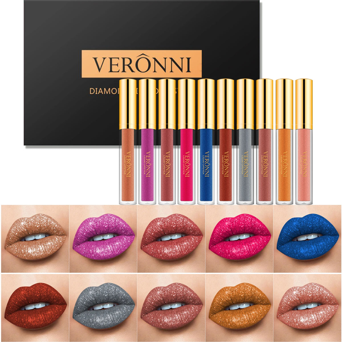 10 Colour Diamond Shimmer Lip Gloss Set,Glitter Shimmer Makeup Long Lasting lipsticks Makeup, Smudge Proof Lip Glaze Valentine's Quake 1 set