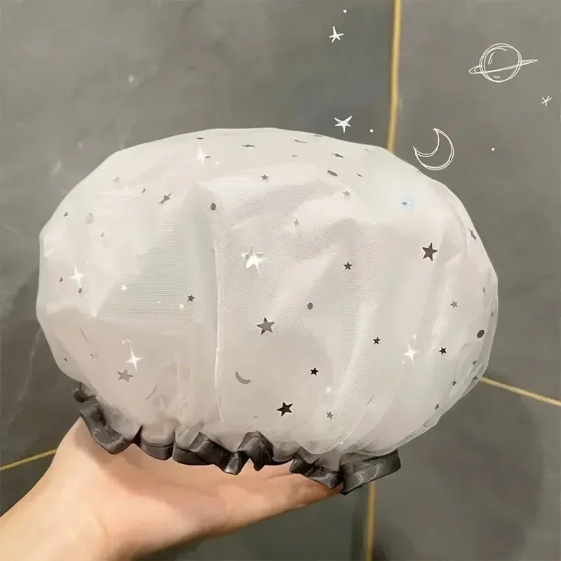 Waterproof Double-Layer Shower Cap Starry Sky Design Fashion Reusable Bathing Hat Kitchen Oil-proof Sanitary Hat Quake