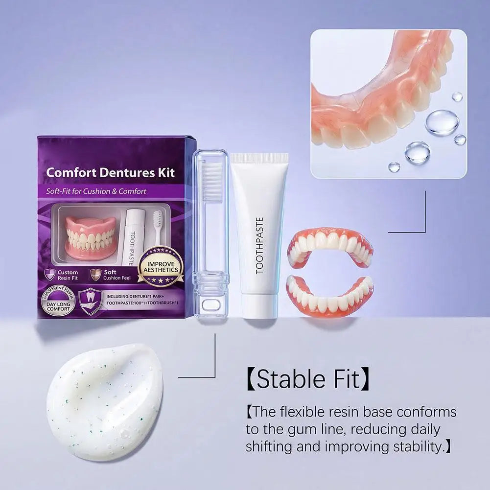 Adult Full Set Silicone Dentures Natural Upper Lower False Teeth Soft Comfort Fit Instant Smile Oral Cosmetic Accessories Quake
