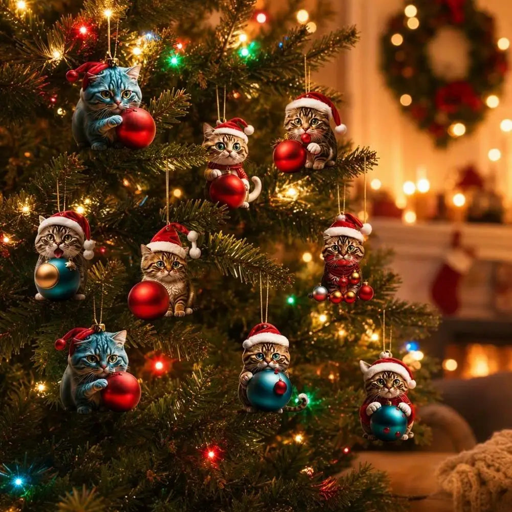 Christmas Tree Cat Ornaments 10PCS Acrylic Hanging Decorations Cute Winter Cat Santa Hat Pendants Xmas Holiday Decor Quake