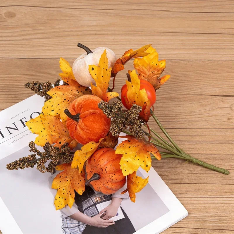 1PC Artificial Pumpkin Maple Leaf Bouquet Halloween Scene Arrangement Ornament for Thanksgiving Harvest Festival Decor Quake