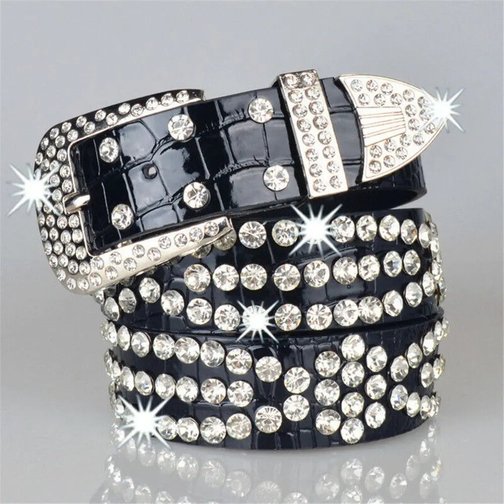 Women Adjustable Studded Rhinestone Belt PU Leather Bling Crystal Waistband Quake black