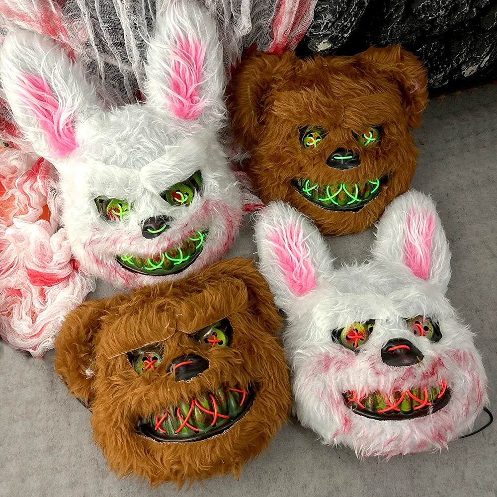 Halloween Plush Luminous Mask Terror Rabbit Bear LED Luminous Mask Plush Rabbit Halloween Party Cosplay Mask Party Photo Prop Quake