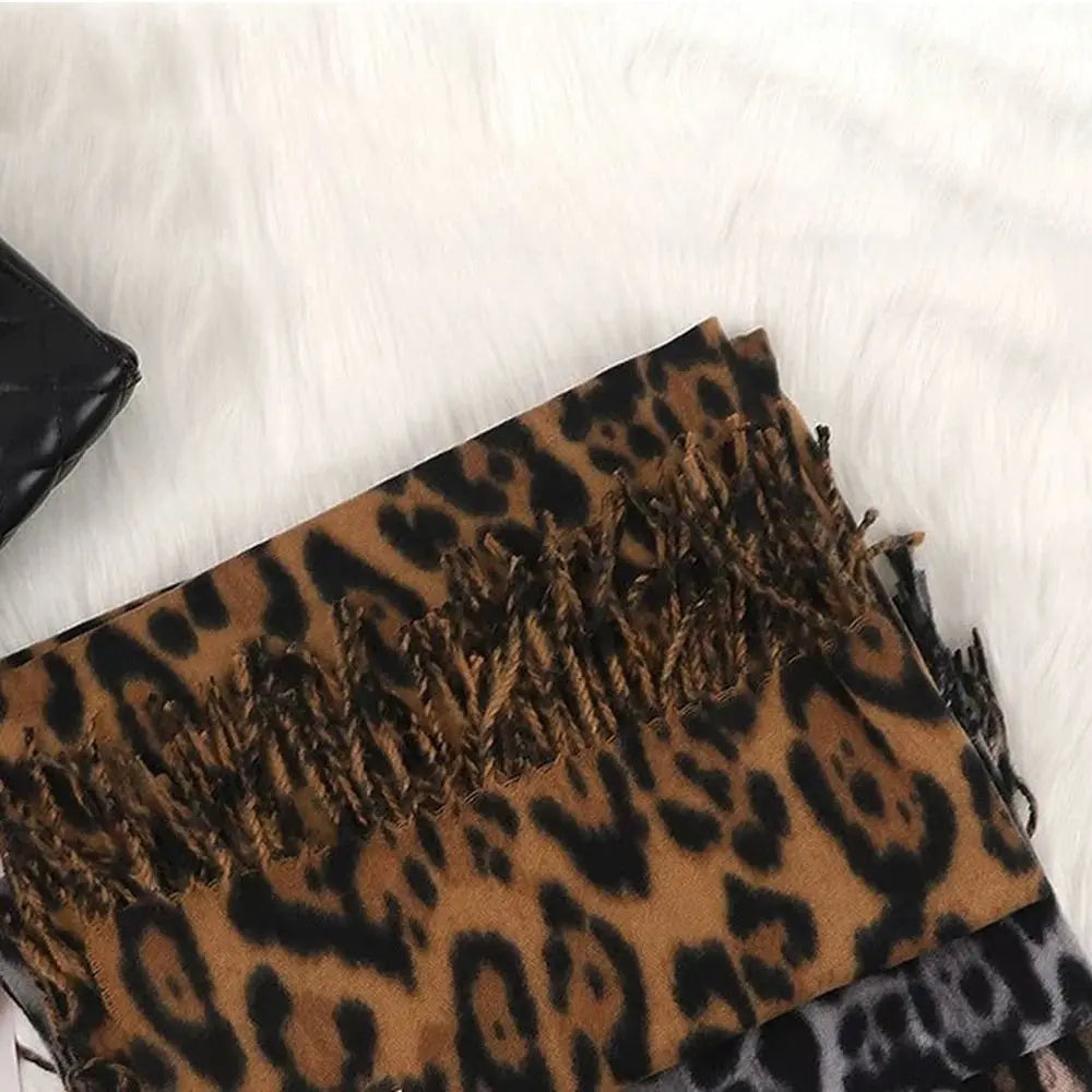 Korean Leopard Tassels Shawl Imitation Cashmere Windproof Foulard Pashmina Hijabs Thickened Winter Warm Scarf Neck Warmer Quake