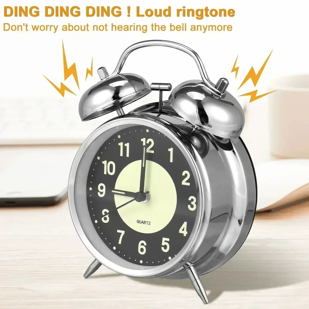 Super Loud Alarm Clock Metal Twin Bell Alarm Clock with Night Light Retro Bedside Clock Silent Table Desk Clocks for Home Bedroo Quake