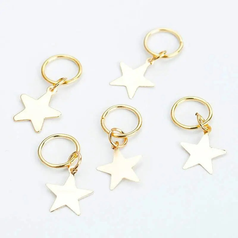 5-Piece Dreadlock Hair Beads – Gold Silver Shell Star Moon Rings