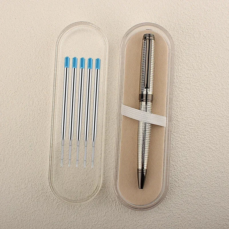 Metal Pen Stainless Steel Material Rotate Gel Pens Ink Blue Writing Ballpoint Pen Point 0.7mm for School Office Stationery Quake 701-7 (PEN AND BOX)