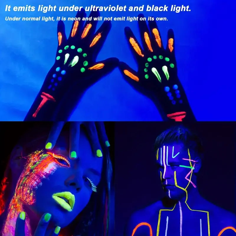 6Pcs UV Neon Face Painting Kit,with 4 Glow Dark Stickers Glow in the Dark Under UV Lights,Black Light Glow Makeup Face Painting Quake