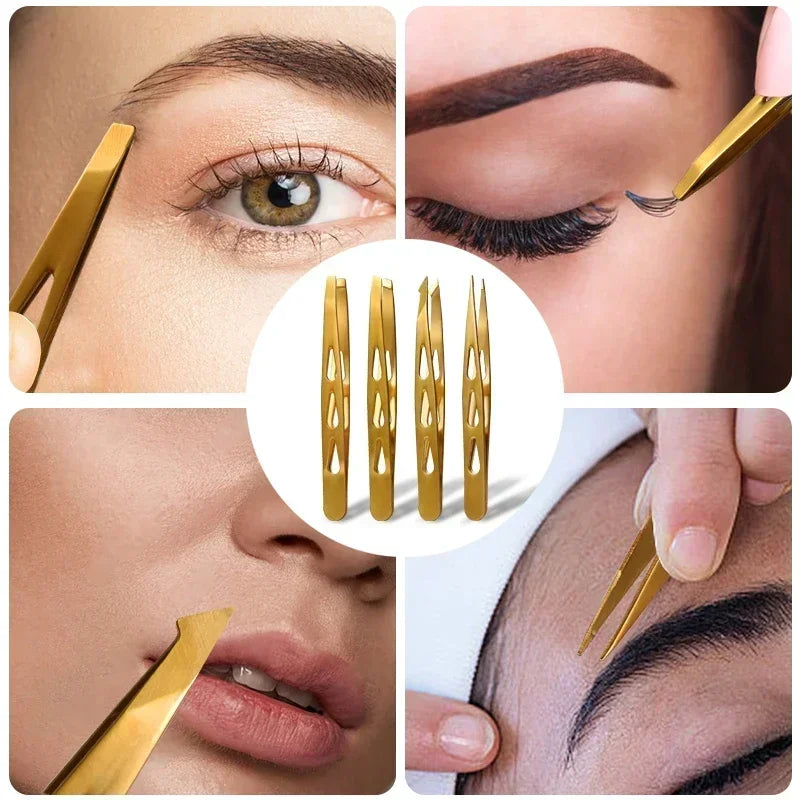 Professional 4-Pc Stainless Steel Eyebrow Tweezer Set – Precision Tweezers for Facial Hair, Splinters & Ingrown Hair Removal Quake