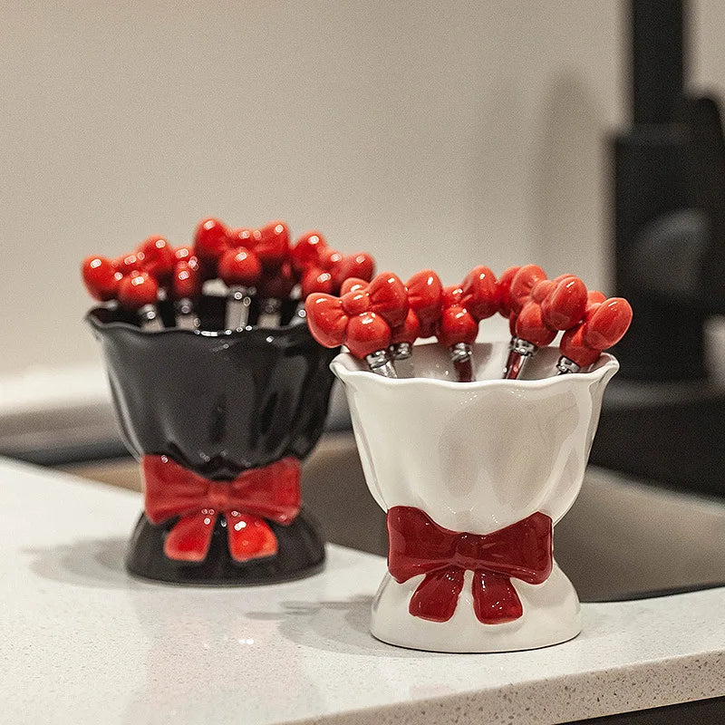 Fruit Fork Household Stainless Steel Dessert Small Fork Dining Table Desktop Storage Set Quake