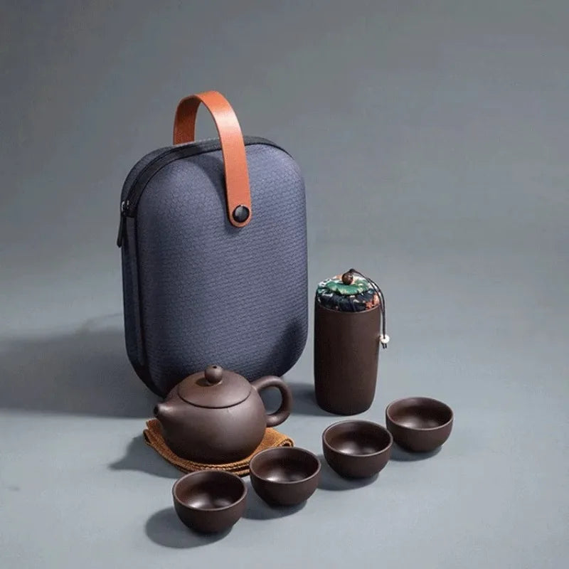 One Pot of Purple Clay Four Cups Outdoor Portable Tea Set Travel Tea Set Gift for Friends Quake