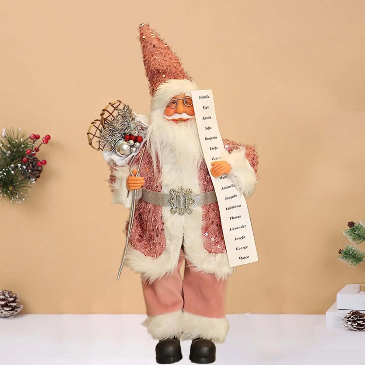 Santa Claus Figurine Xmas Party Ornament Santa Claus Figure for Bedroom Home Quake Pink sequins