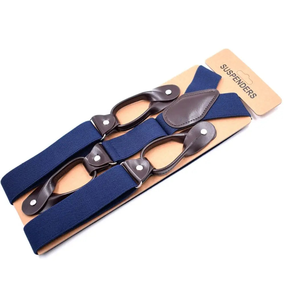 Adult Trimmed Button End Leather Y Shape Adjustable Strap Clip Elastic Braces Braces Suspenders Trouser Straps Belt Quake Navy