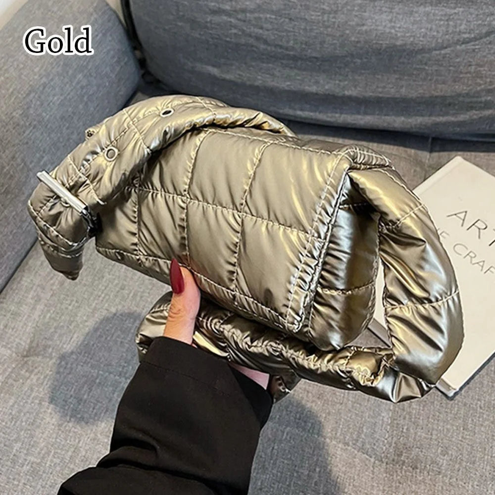 Fashion Quilted Tote Bag Winter Lightweight Warm Down Cotton Padded Plaid Shoulder Bags Women Underarm Bags Puffy Handbags Quake gold