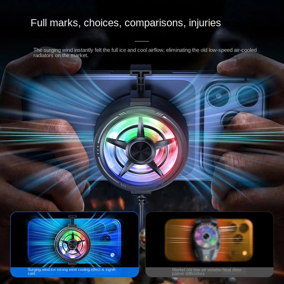 Phone Cooling Fan Portable Handy Low Noise Light Up USB Rechargeable Compact for Games Video Calls Live Broadcasting Vlog Tablet Quake