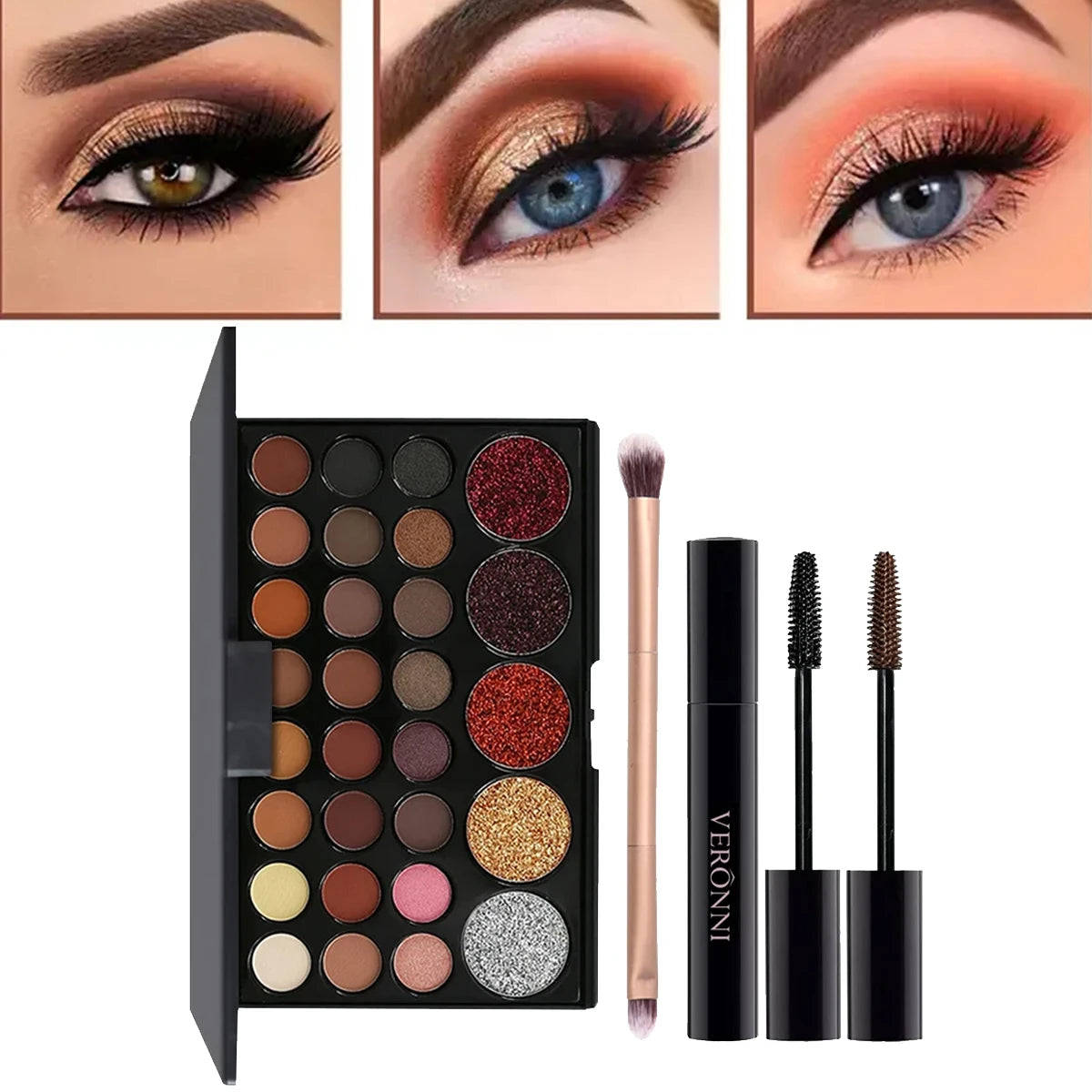 29 Colors Eyeshadow Palette Set with Mascara Eyeshadow Brush Earth Color Waterproof Long Lasting Music Festival Cosmetics Makeup Quake 4 pcs 01