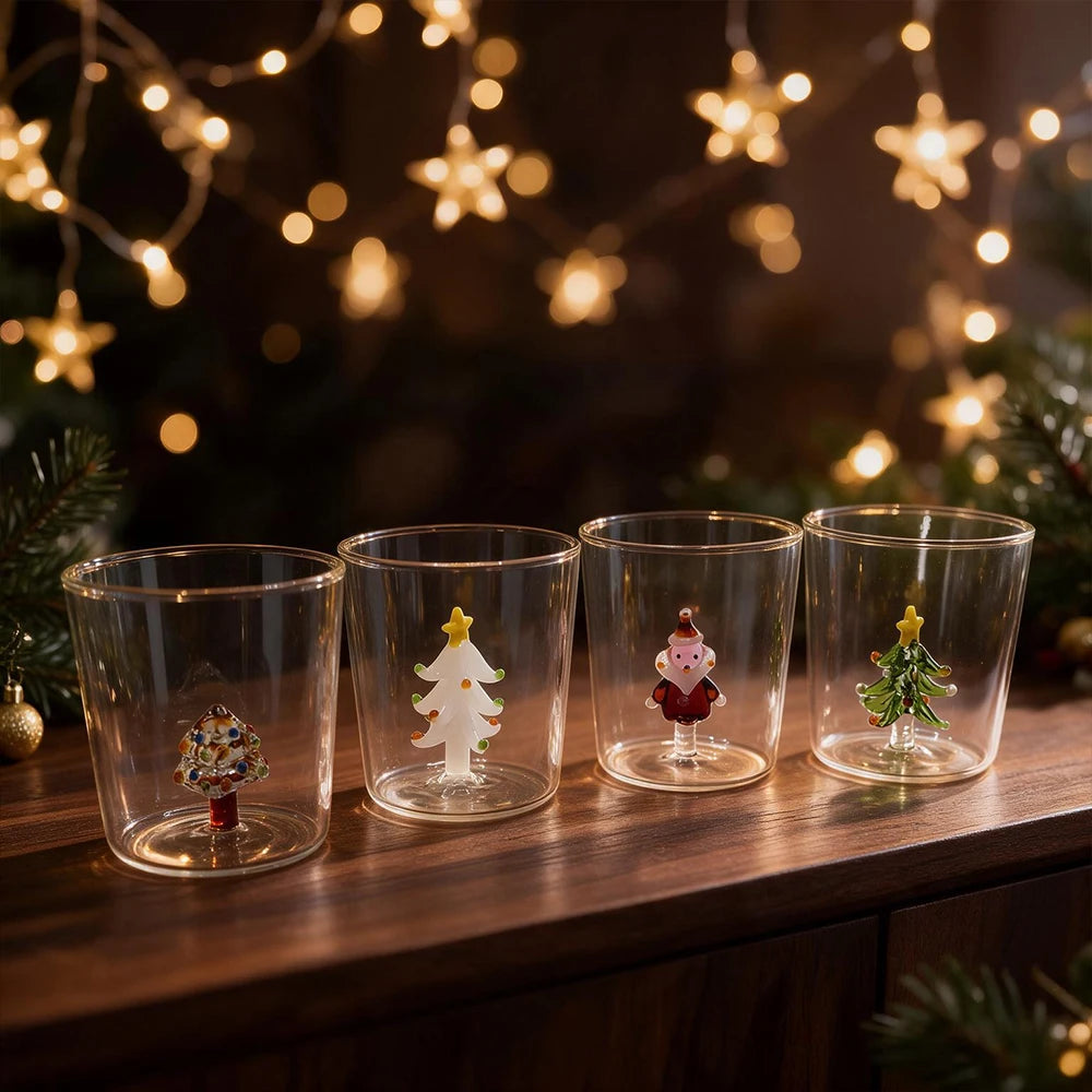 YWDL Christmas Glass Cup 300ml 3D Handmade Glass Figurine Inside Borosilicate Tumbler Xmas Tree Santa Drinking Gift Home Decor Quake