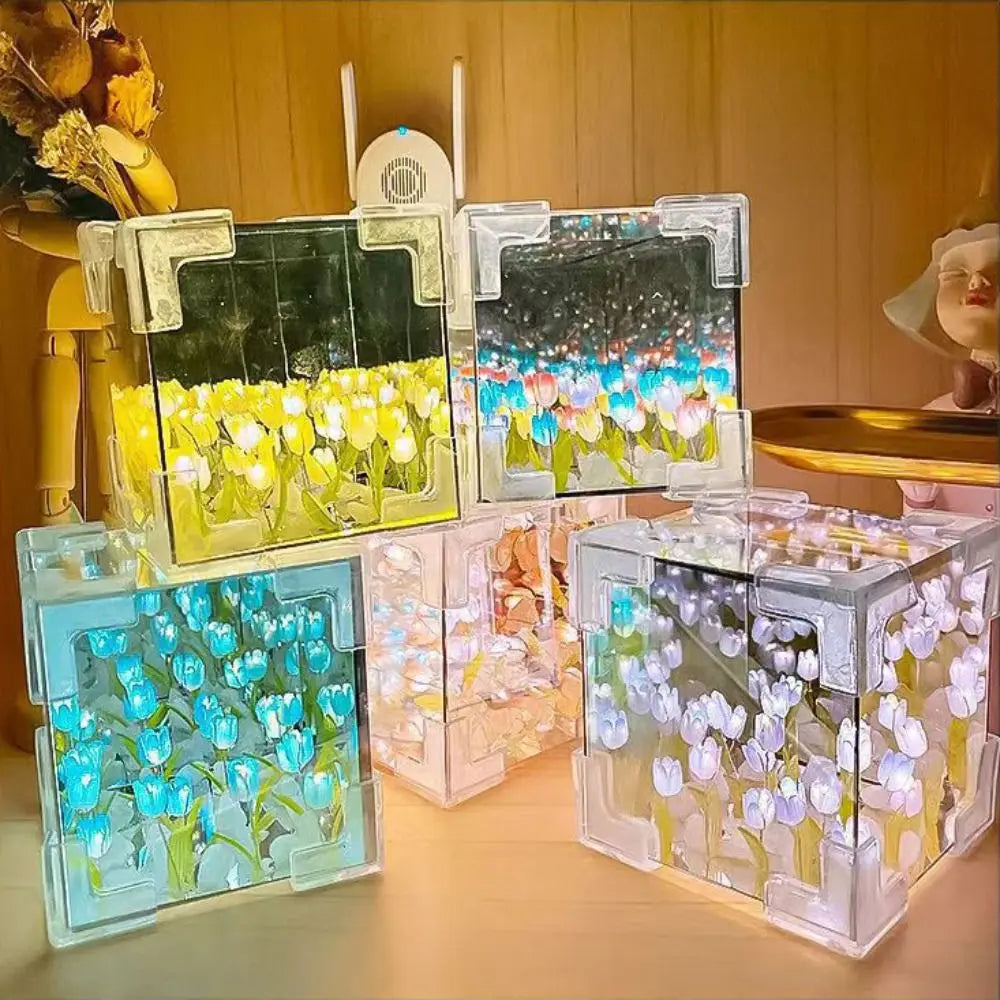 Excluding Gift Bags Tulip Night Light Acrylic 21 Flowers Tulips Flower Table Lamp Magic Cube Handmade DIY Mirror Light Quake