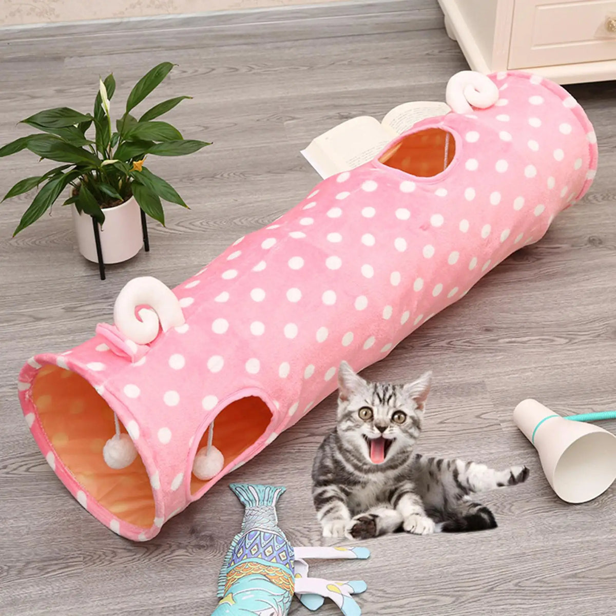 Funny Cat Kitten Folding Tunnel Training Peepholes Play Fun Toy Interactive Quake pink