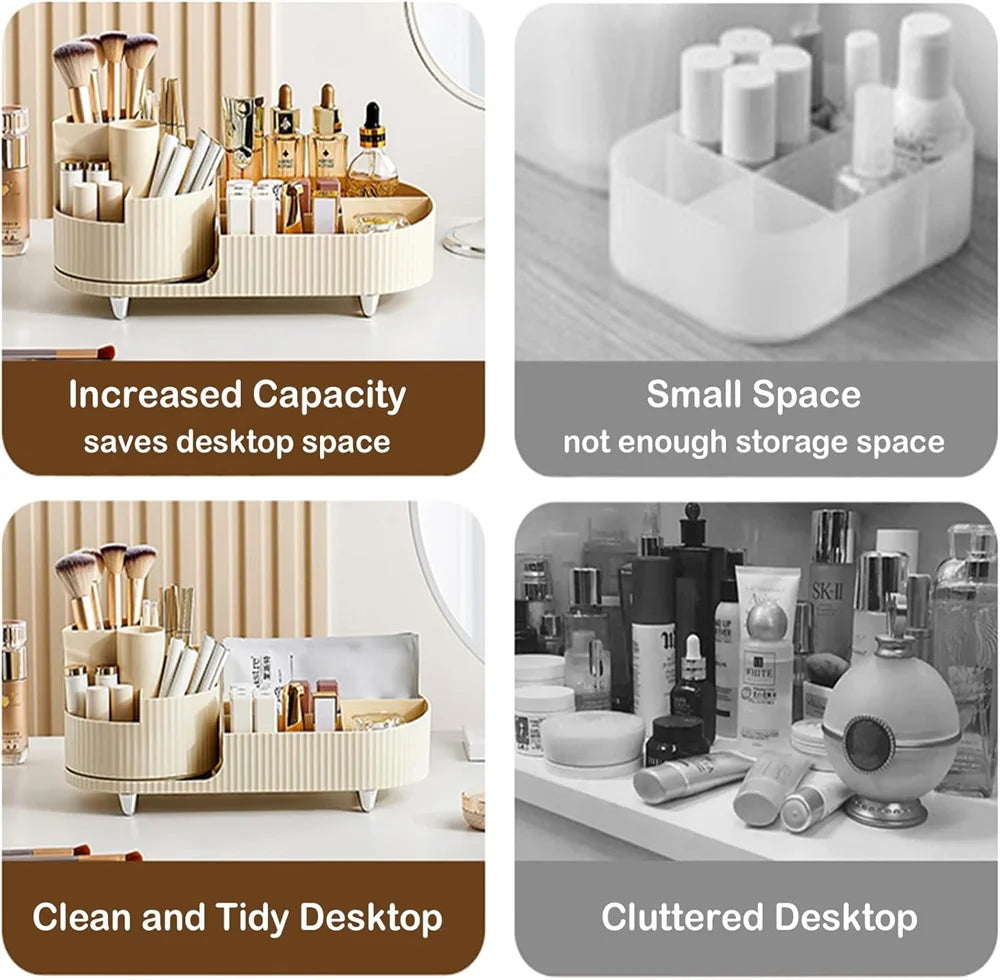 360° Rotating Makeup Organizer for Vanity with Brush Holder, Cosmetic Makeup Storage Organizer, Large Spinning Makeup Organizer Quake