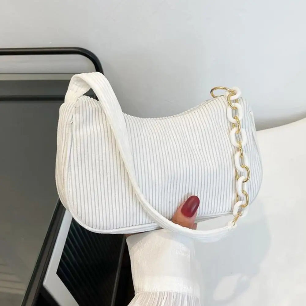 Fashion Vintage Handbags Women Autumn Winter Corduroy Underarm Bag Zipper Shoulder Small Bags Female Soft Casual Clutch Handbag Quake white