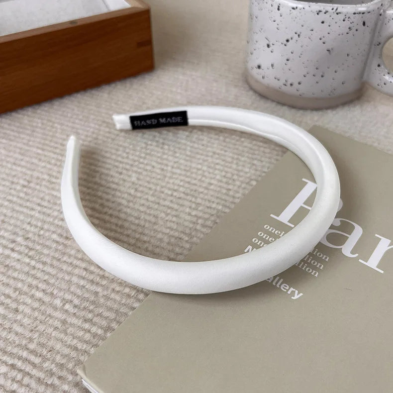 Satin Thin Edge Sponge Headband Women's Pure Color High Skull Top Hair Accessories Headband New Arrival Quake A white