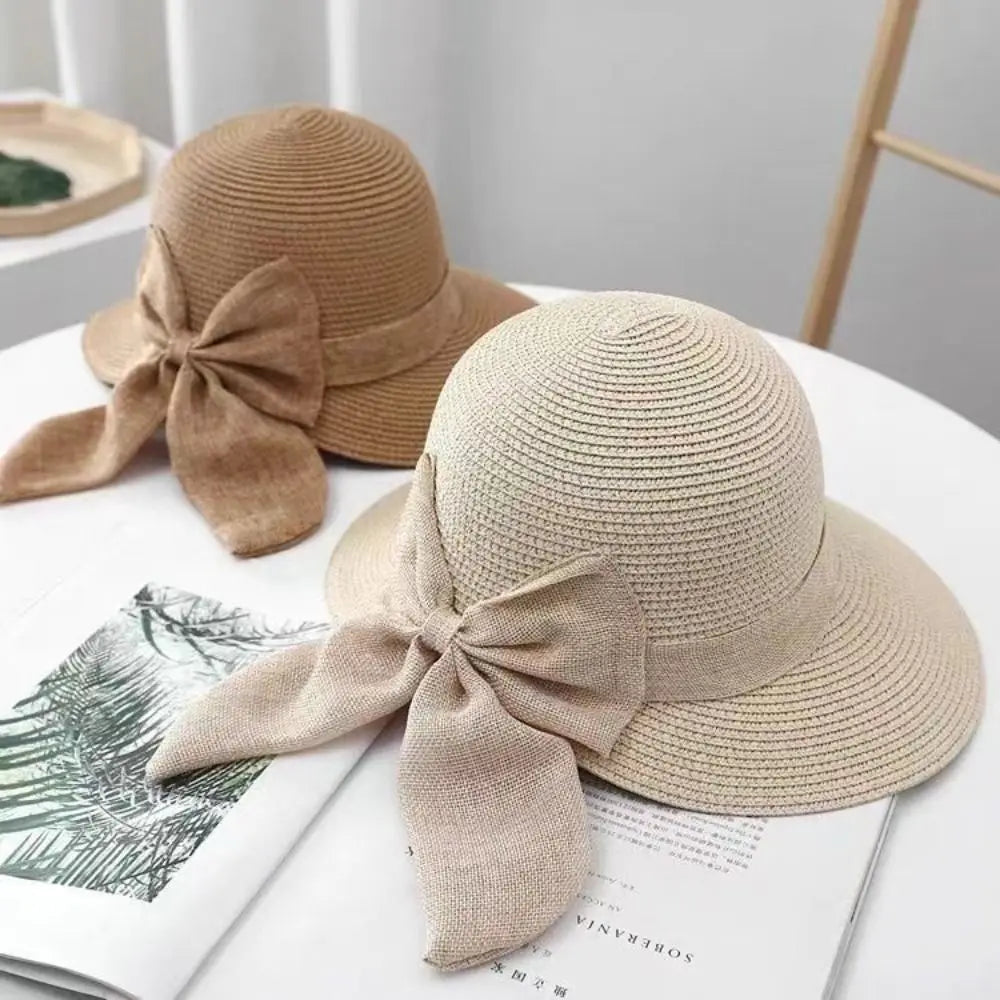 Summer UV Protection Sun Hat Wide Brim Bowknot Beach Cap Travel Fashion Panama Cap for Women Quake