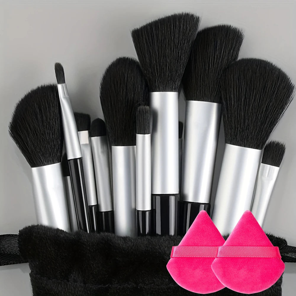 Makeup Brushes Set 13Pcs Premium Synthetic Brush Foundation Powder Blending Concealer Eyeshadow Blush Cosmetics Brushes Travel Quake SILVERY with bag