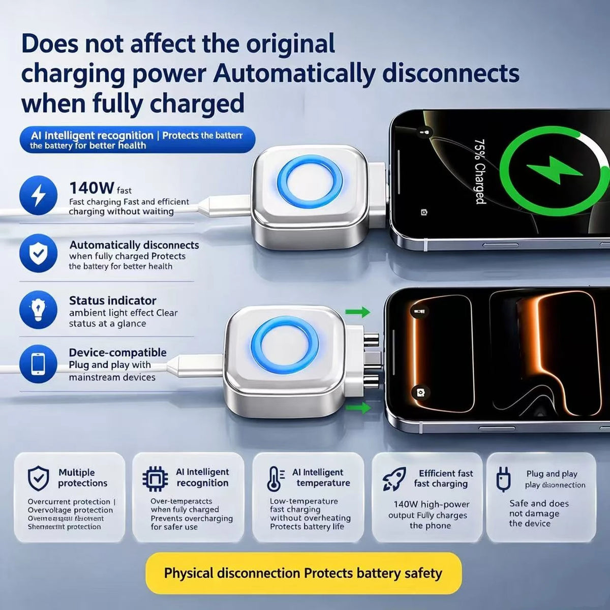Smart Full Charge Self-Cut Type-C Adapter, Universal Auto Disconnect for Night Charging, Overcharge Prevention Separator Quake