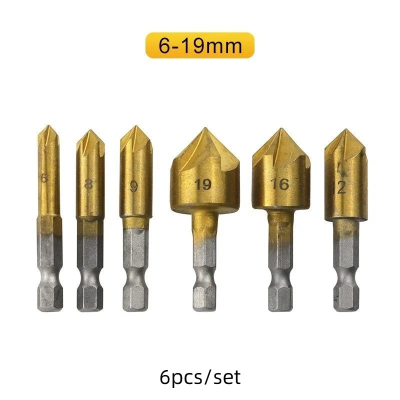 3/6Pcs Hexagonal Handle Titanium Plated Five Edge Chamfering Knife Countersunk Drill 6-19mm Woodworking Spot Facer Tool Set Quake 6pcs