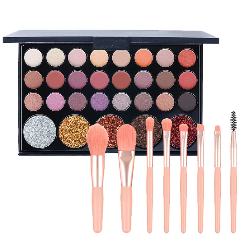 29 Colors Eyeshadow Palette Set with Mascara Eyeshadow Brush Earth Color Waterproof Long Lasting Music Festival Cosmetics Makeup Quake 01with 8 Brush