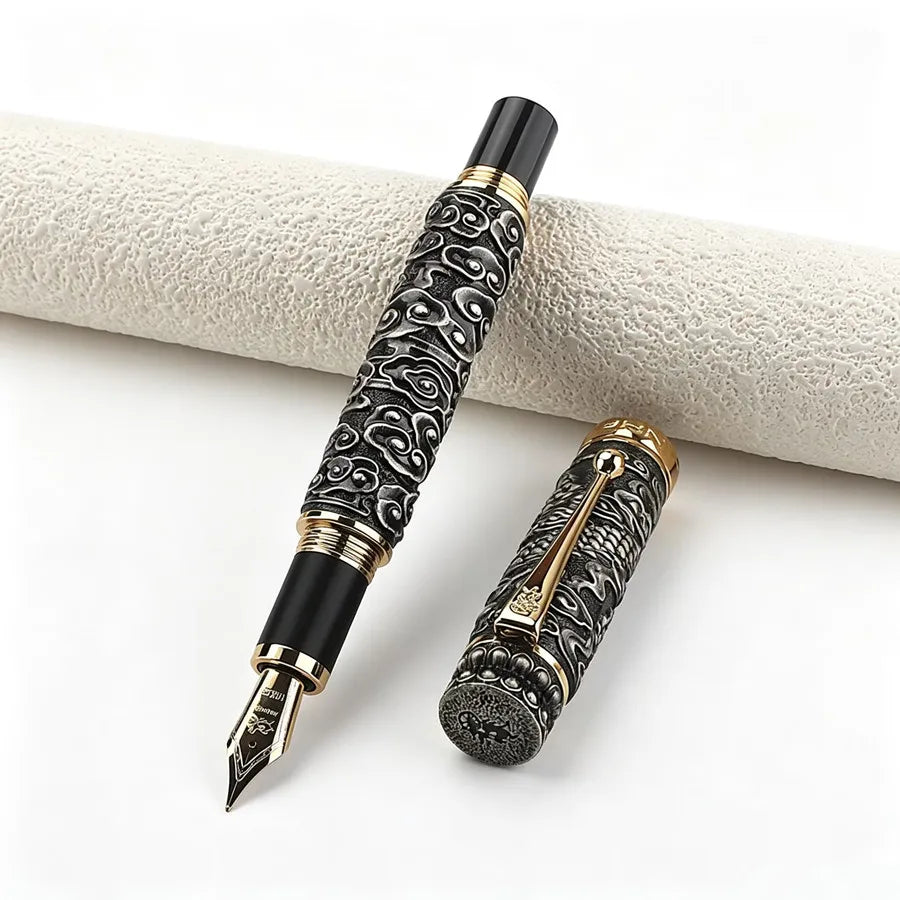 Jinhao Luxury Embossed Dragon Cloud Fountain Pen Vintage Antique Metal Carved M Nib Business Gift Calligraphy Writing Ink Pen Quake HJ M 0.7MM