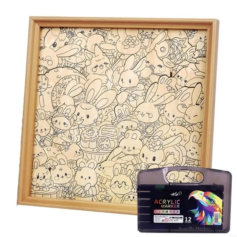 Educational Painting Puzzle Toy Set with Wooden Rabbit Slices For Children Student Art Drawing and Home Decoration K1KF Quake 12 colors CN