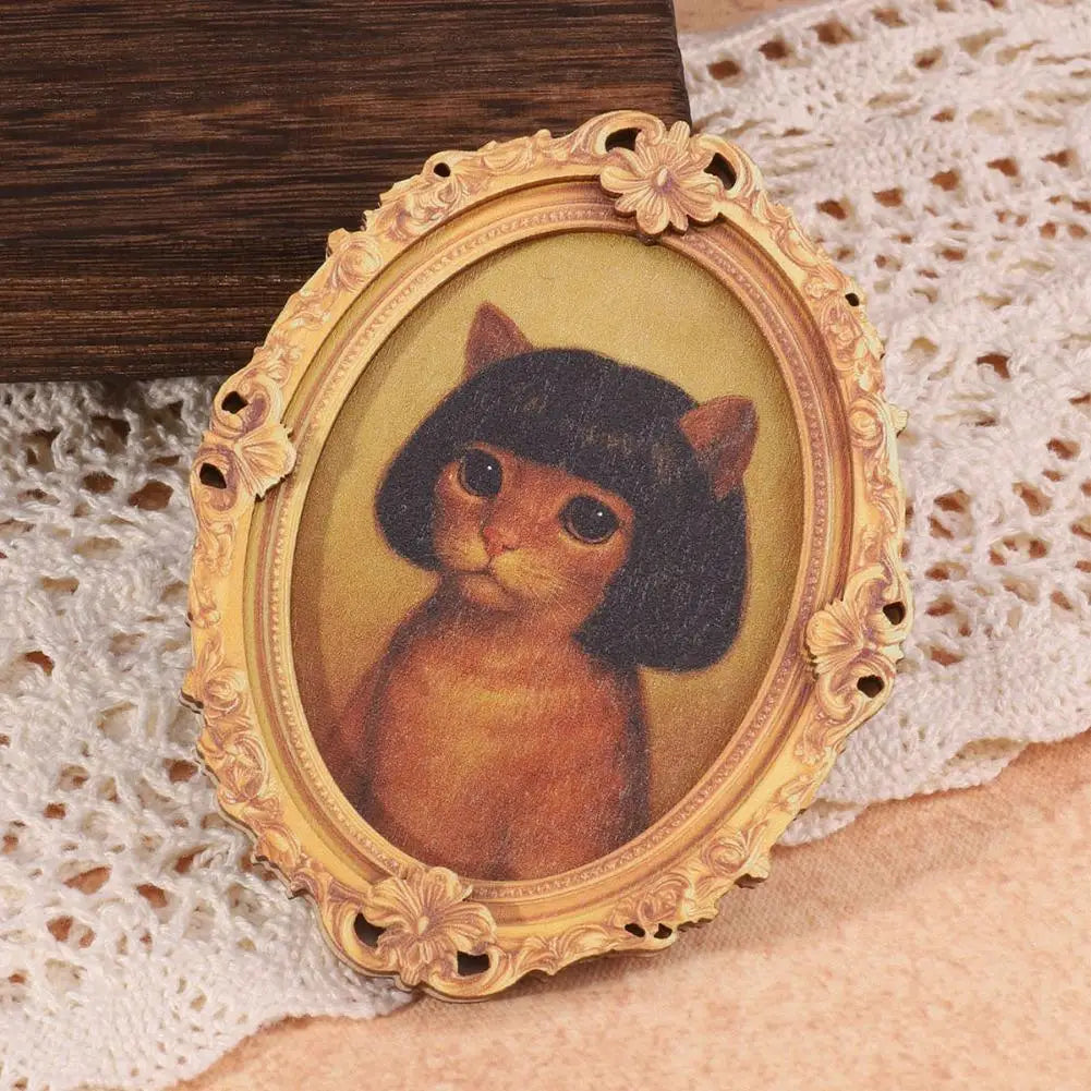 Vintage Wood Oval Photo Frame Fridge Magnet Lovely Wig Cat Pattern Refrigerator Magnetic Sticker Home Kitchen Decoration Quake