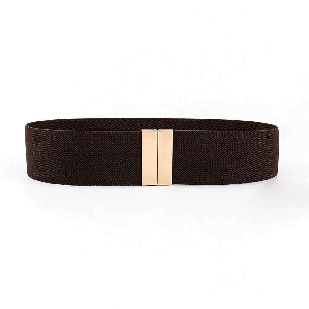 New Wide Elastic Belt Solid Color Metal Buckle Stretch Cinch Waistband Waistband Corset Belt Down Coat Quake brown gold