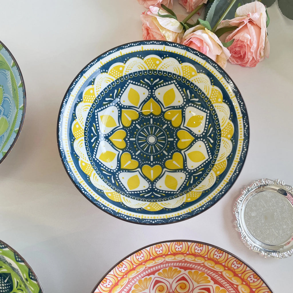 1/4-Piece Bohemian Ceramic Soup Bowl Set, 8 Inches in Diameter, Microwave and Dishwasher Safe, Perfect for Daily Meals Quake A black bowl