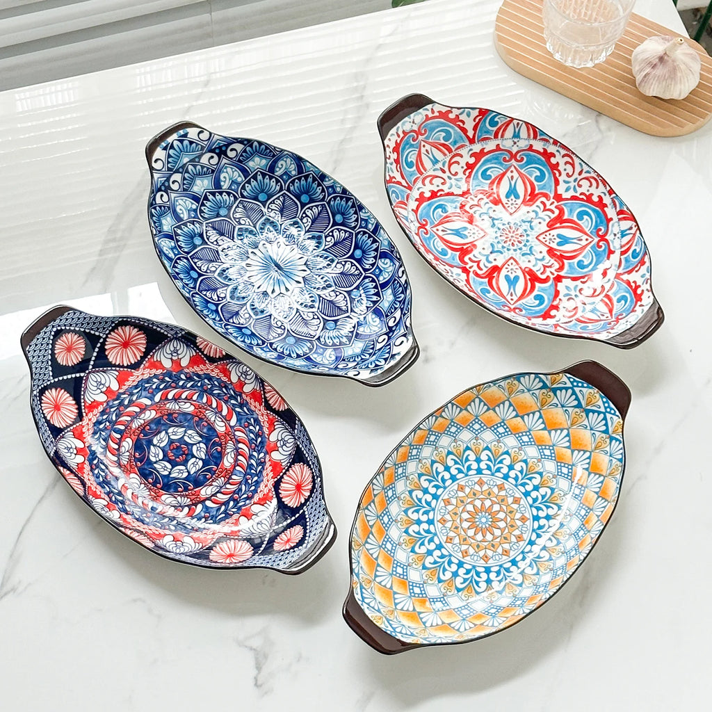 1-Piece 13-Inch Bohemian Double-Handle Ceramic Deep Plate-Ceramic Fish Steaming Plate-Perfect for Fish, Lobster & Seafood Quake